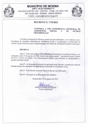 Decreto Nº 178 / 2021 - CONFERÊNCIA MUNICIPAL DE ASSISTÊNCIA SOCIAL